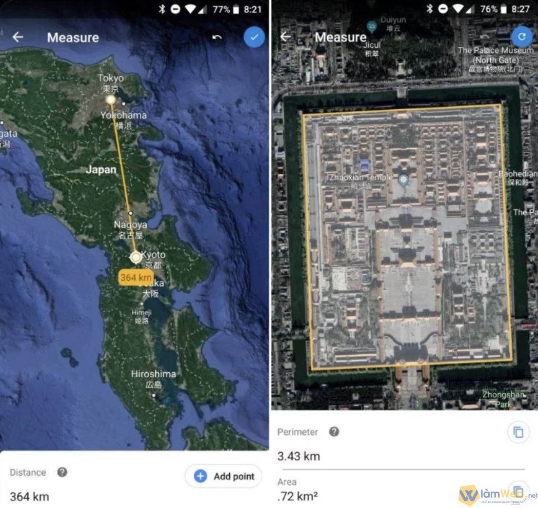 Người dùng có thể sử dụng điện thoại để đo khoảng cách giữa hai điểm trên trái đất bằng ứng dụng Google Earth.